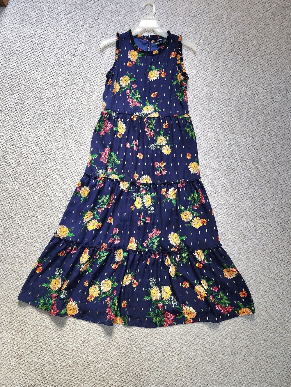 Zunie Teen Girls' Long Navy Blue Floral Tiered Ruffle Maxi Dress Sz 14/16 L